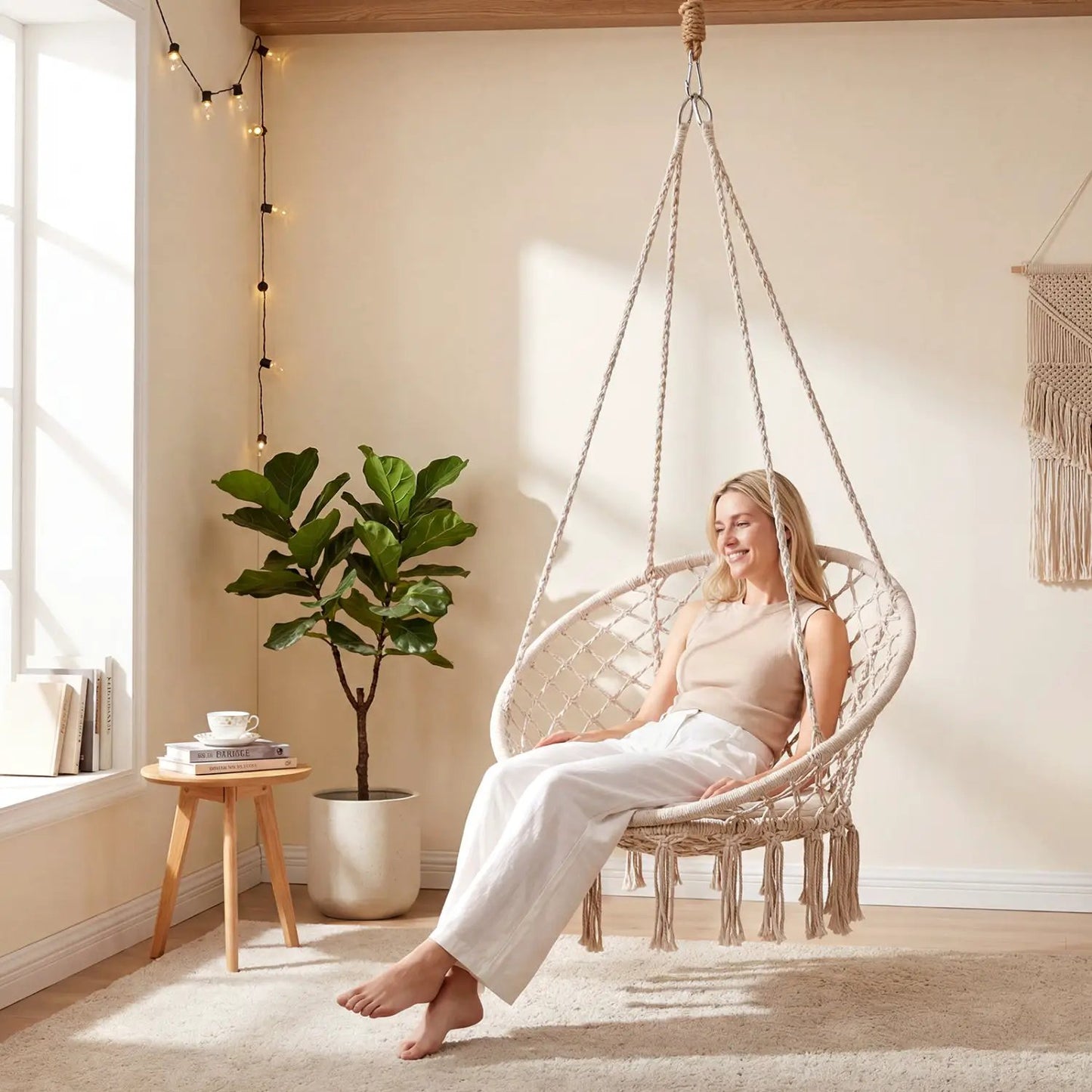 Macrame Swing Chair With Round Seat Cushion
