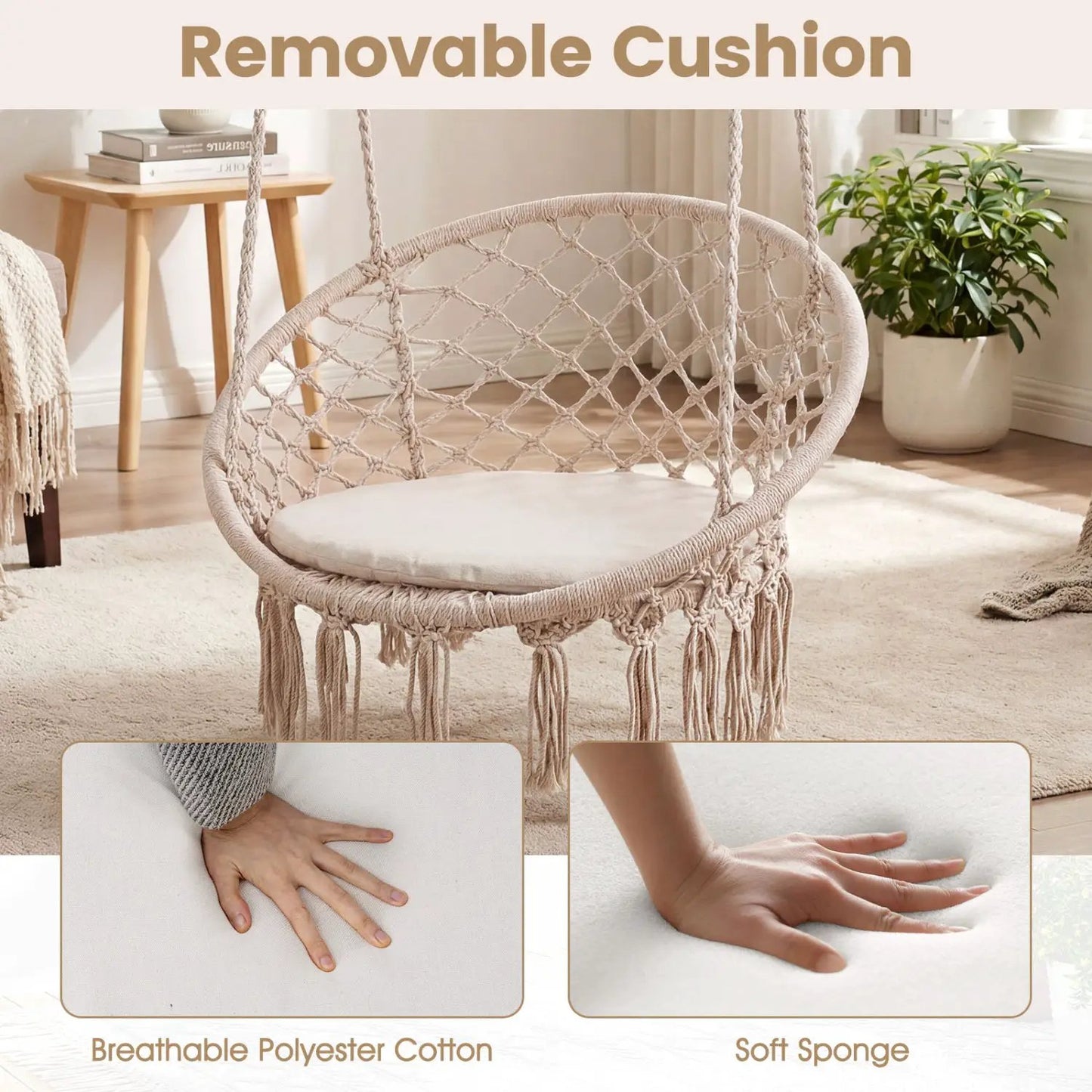 Macrame Swing Chair With Round Seat Cushion