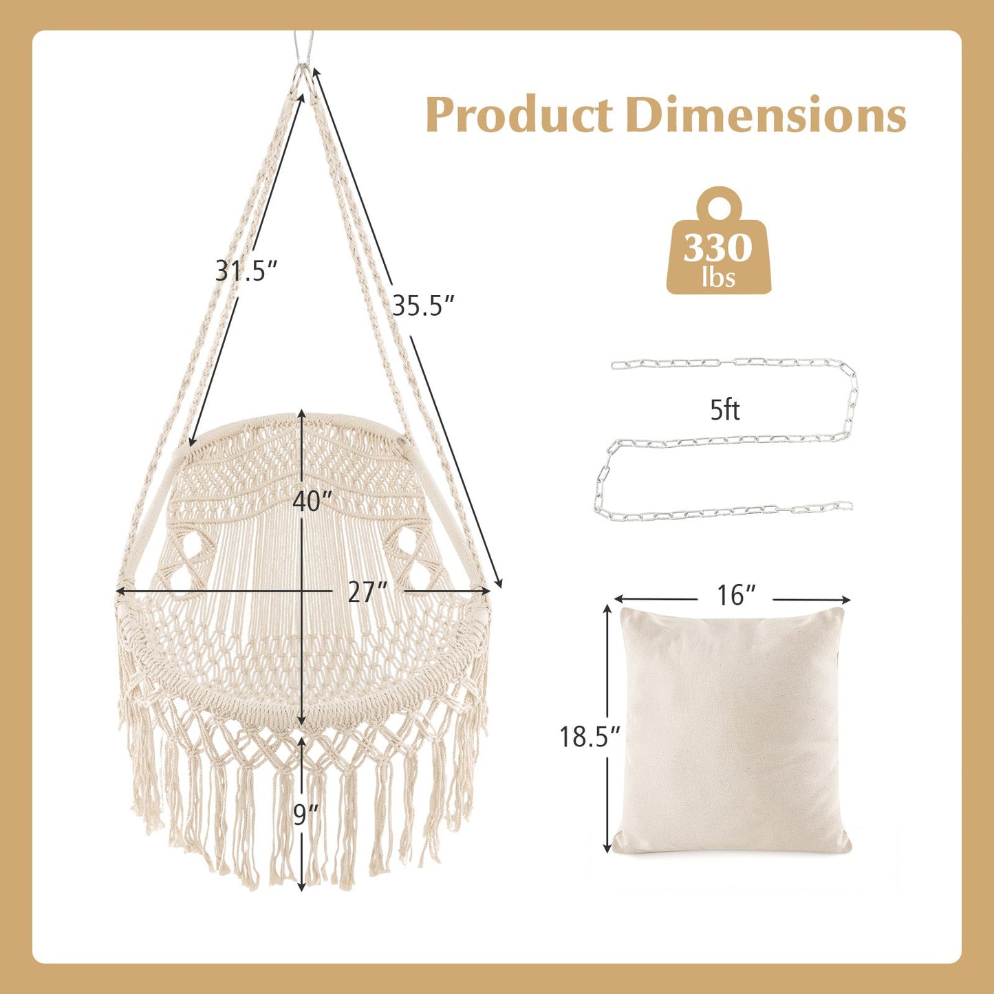 Silla Hamaca Colgante con Cojines de Asiento Suaves y Cadena de Cuerda Robusta-Beige