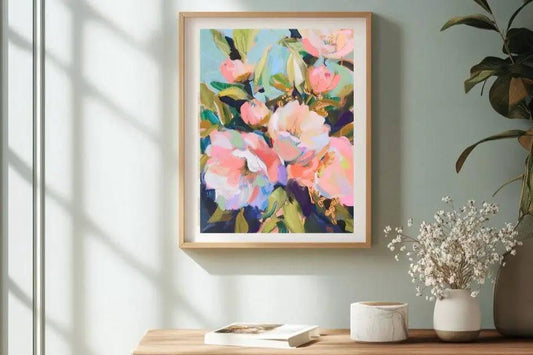 Magic in the Garden art print by Mai Autumn, colorful floral abstract in a light wood frame on Tampa Home & Garden Store