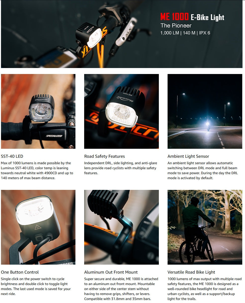 Magicshine E-Bike Headlight ME 1000, 1000 Lumens of Max Verified Output, DRL, Side Lighting, Auto Adapts to E-Bike Output 6-12V, Compatible with Shimano, Yamaha, Brose and Bosch - Tampa Home & Garden Store