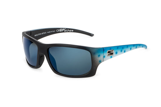 Outlaw Mahi Mahi sunglasses by Skeleton Optics with black frame and blue mirrored lenses on Tampa Home & Garden Store