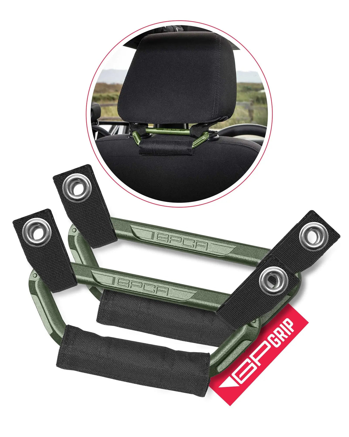 GP Back Grip PRO rear headrest handles set, green metal frames with black straps for cars on Tampa Home & Garden Store