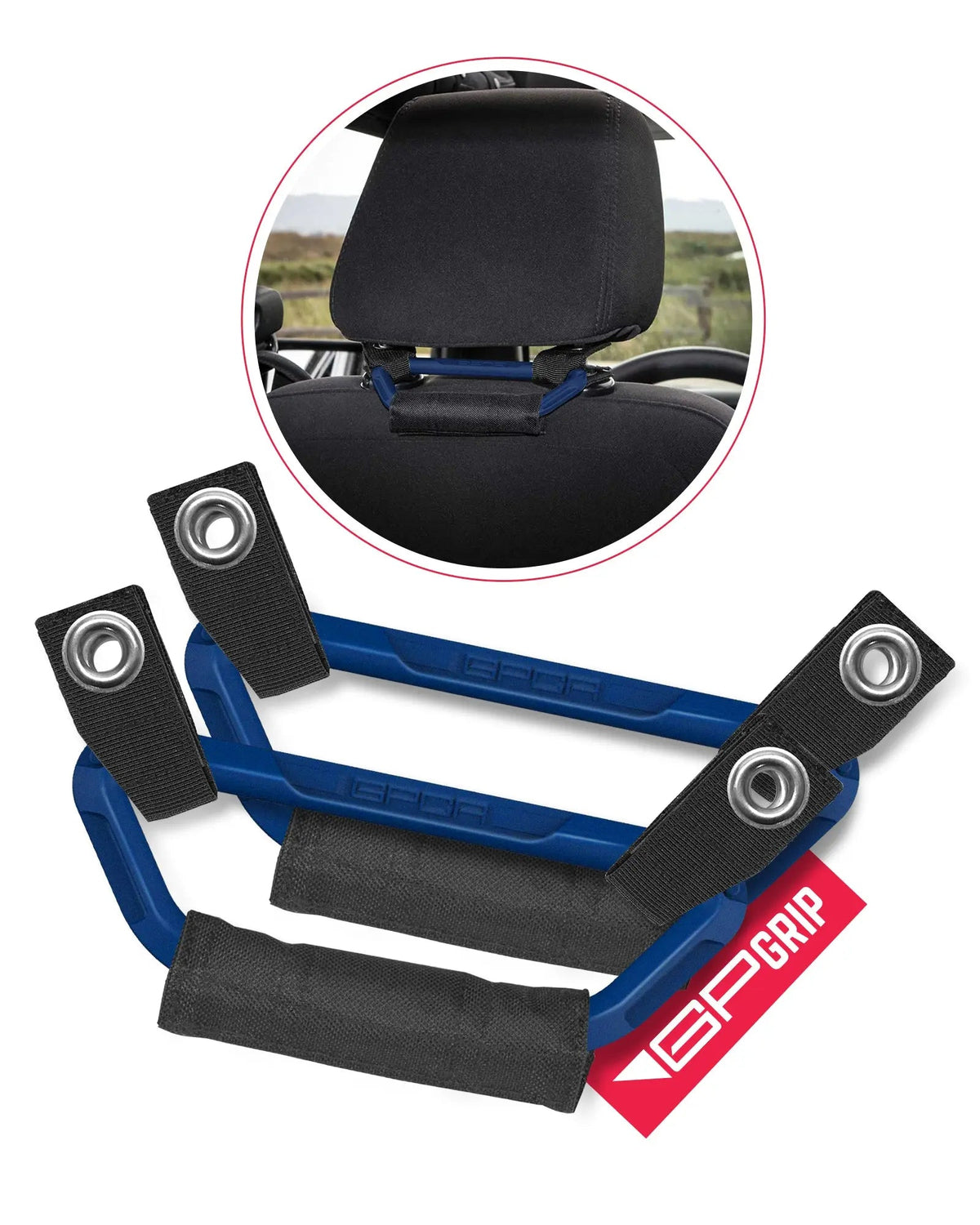 GP Back Grip PRO rear headrest handles for all cars and trucks blue frame with black straps on Tampa Home & Garden Store