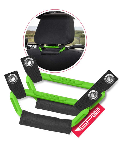 GP Back Grip PRO rear headrest handles for all cars with bright green bars and black straps on Tampa Home & Garden Store
