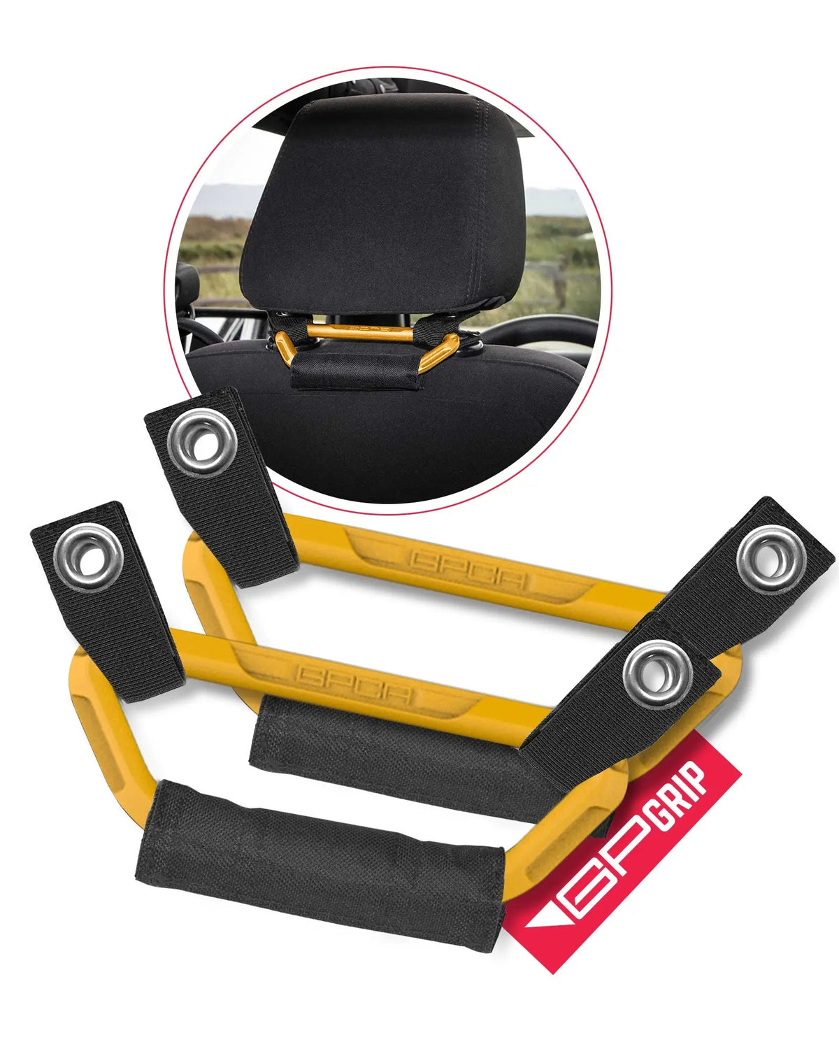 GP Back Grip PRO rear headrest handles for cars by GPCA, orange bars with black straps on Tampa Home & Garden Store