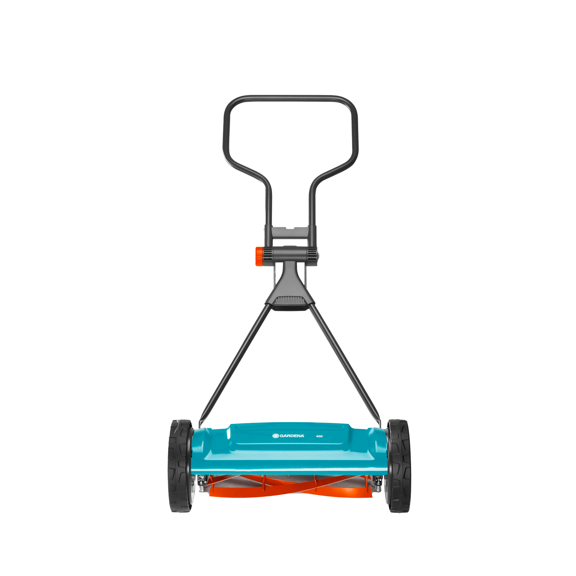 Cylinder Lawnmower Classic 400 Gardena teal body with black handle and orange dial on Tampa Home & Garden Store