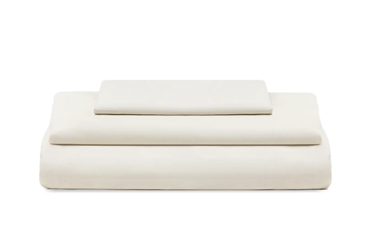 Bed Sheets Set Organic Sateen white, Organic Cotton Mart, neatly folded with pillow on top on Tampa Home & Garden Store