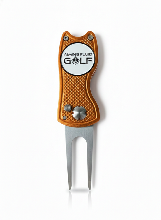 Limited Edition Divot Tool with orange textured grip and metal fork by Aiming Fluid Golf on Tampa Home & Garden Store