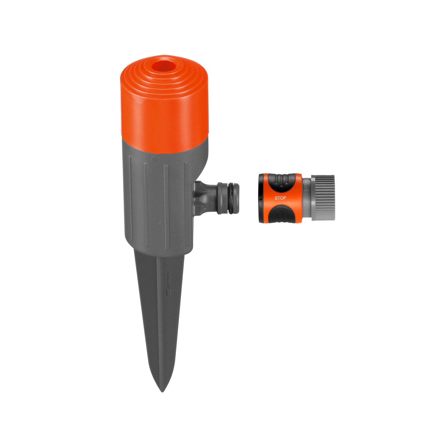 Spray sprinkler on spike by Gardena with US waterstop, orange cap and gray body on Tampa Home & Garden Store