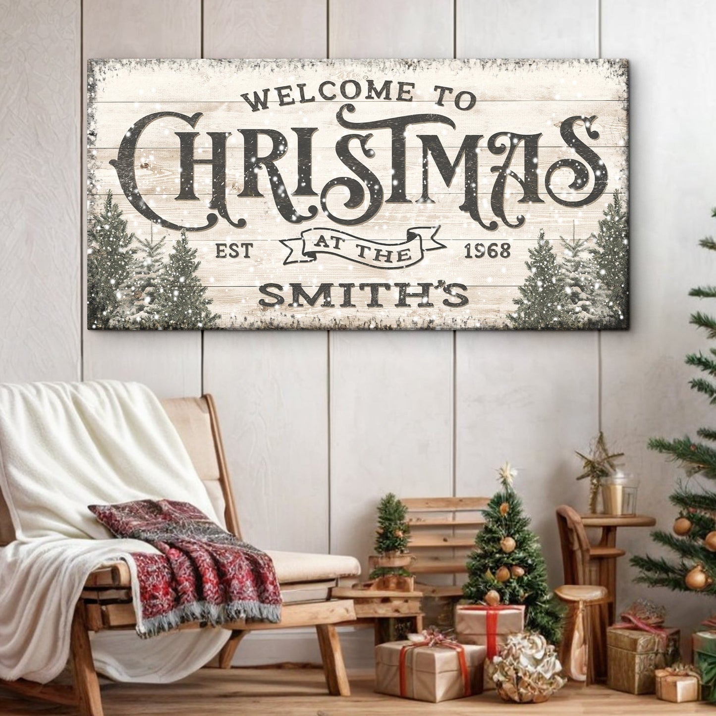 Family Welcome To Christmas Sign III canvas by Tailored Canvases, rustic wood panel holiday decor on Tampa Home & Garden Store