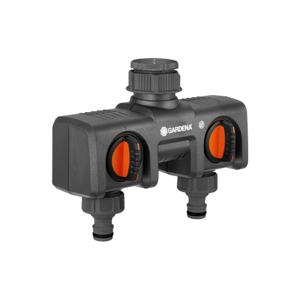 Gardena two-way faucet adapter with grey body and orange knobs for garden hose valves on Tampa Home & Garden Store