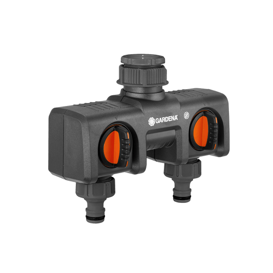 Gardena two-way faucet adapter with grey body and orange knobs for garden hose valves on Tampa Home & Garden Store