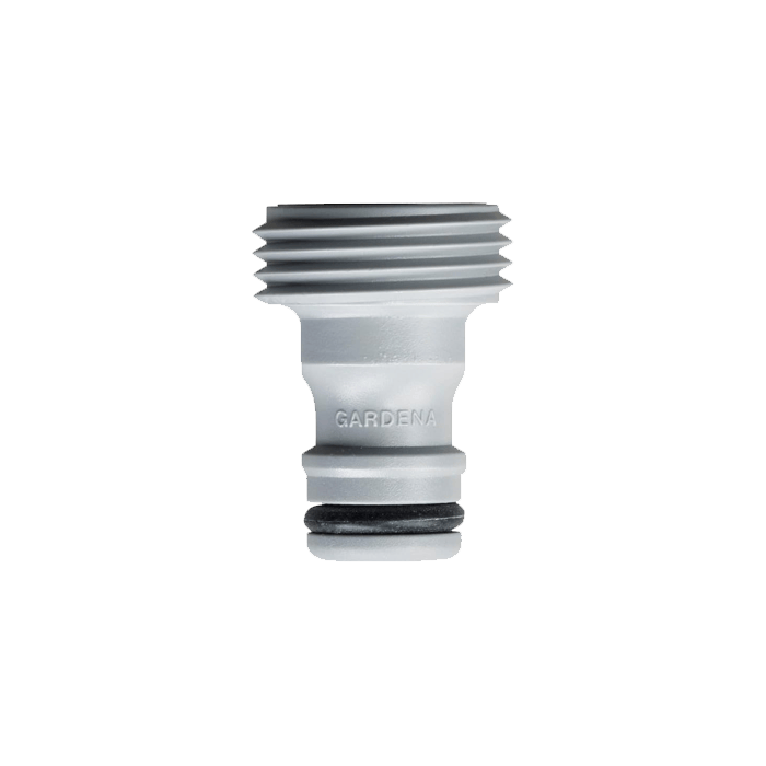 Gardena accessory adapter for garden hose quick-connect, silver metal with threaded end and seal on Tampa Home & Garden Store