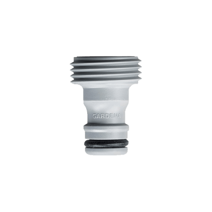 Gardena accessory adapter for garden hose quick-connect, silver metal with threaded end and seal on Tampa Home & Garden Store