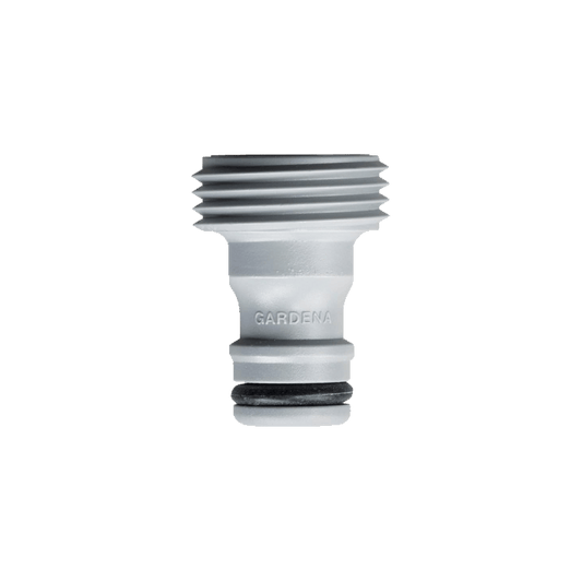 Gardena accessory adapter for garden hose quick-connect, silver metal with threaded end and seal on Tampa Home & Garden Store