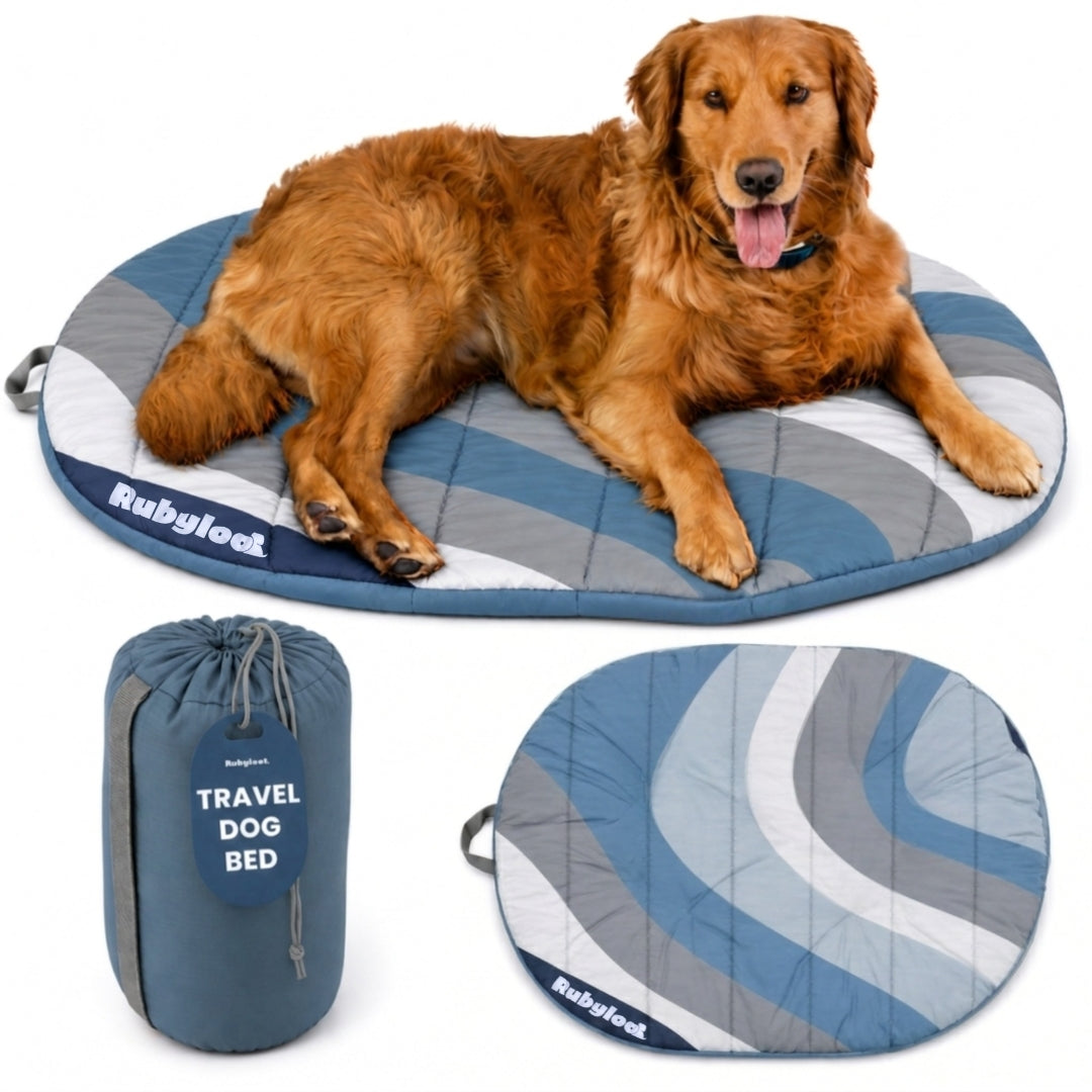 Travel Dog Bed 3-piece set: round blue-gray bed with Rubyloo, carry bag and rollup pouch on Tampa Home & Garden Store