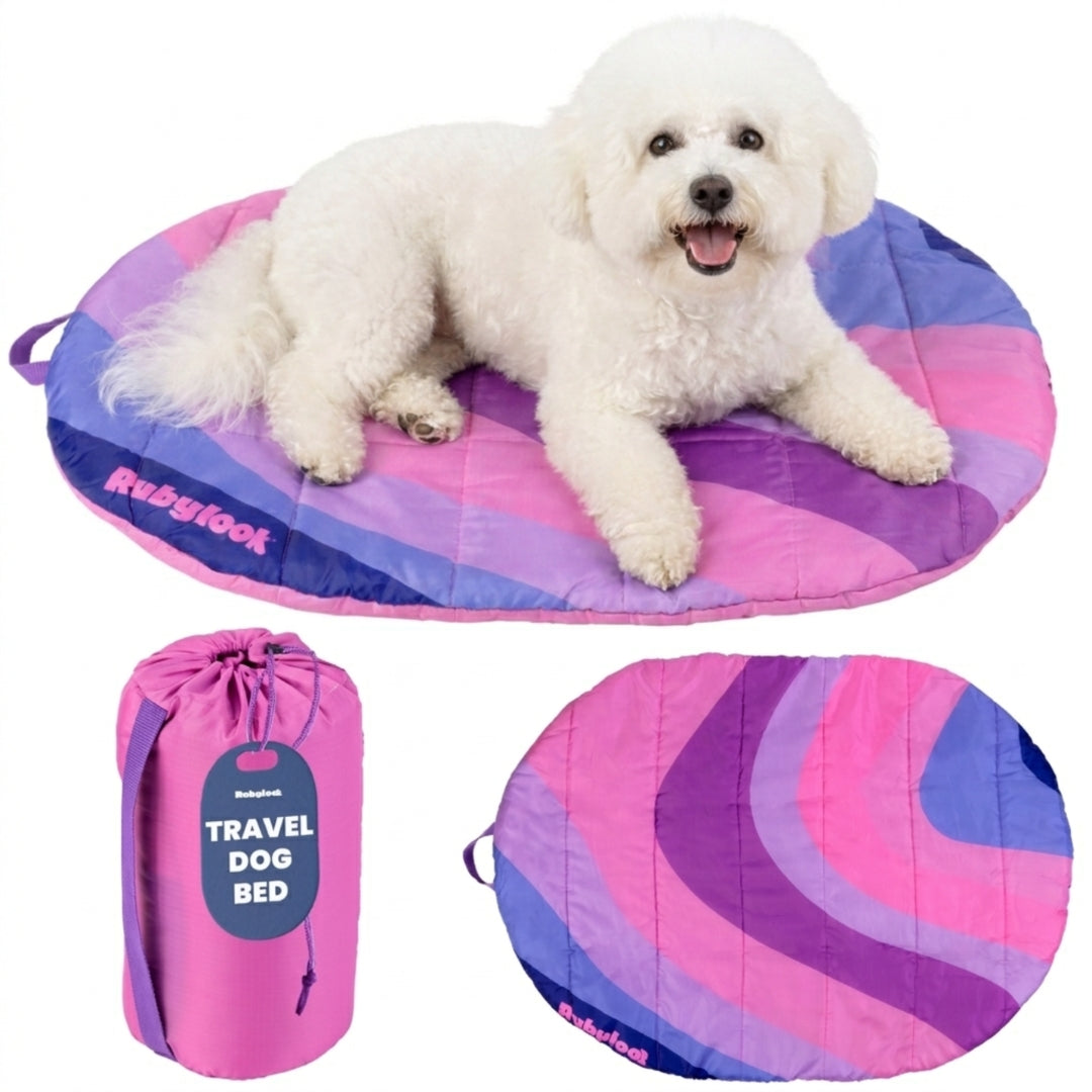 Travel Dog Bed by Rubyloo, pink purple quilted round pillow bed with carry bag on Tampa Home & Garden Store