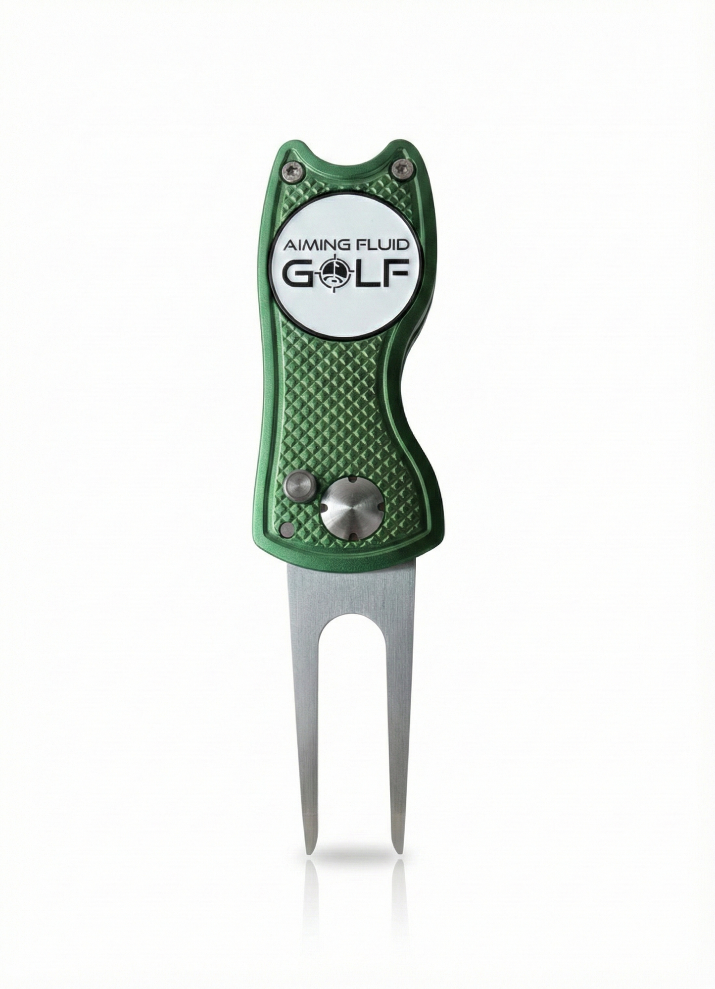 Limited Edition Divot Tool by Aiming Fluid Golf, green textured grip with metal logo plate on Tampa Home & Garden Store