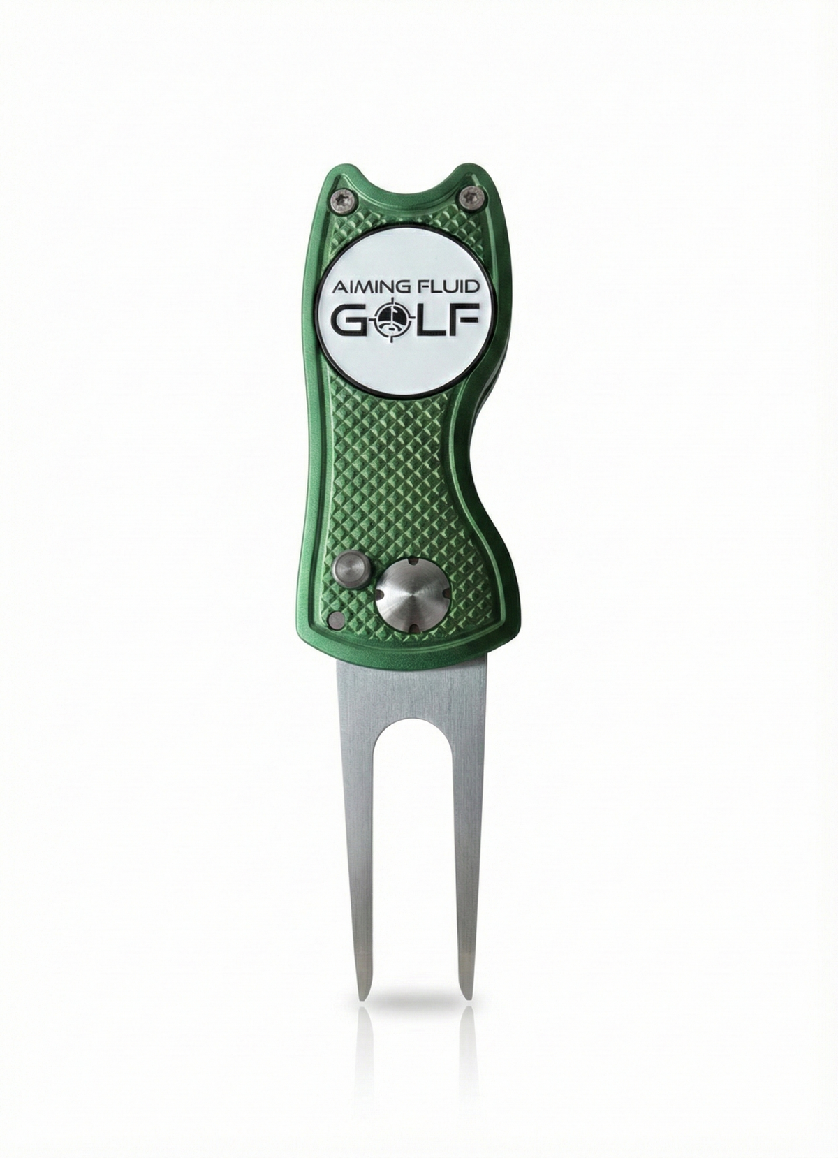 Limited Edition Divot Tool by Aiming Fluid Golf, green textured grip with metal logo plate on Tampa Home & Garden Store