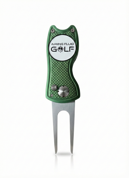 Limited Edition Divot Tool by Aiming Fluid Golf, green textured grip with metal logo plate on Tampa Home & Garden Store