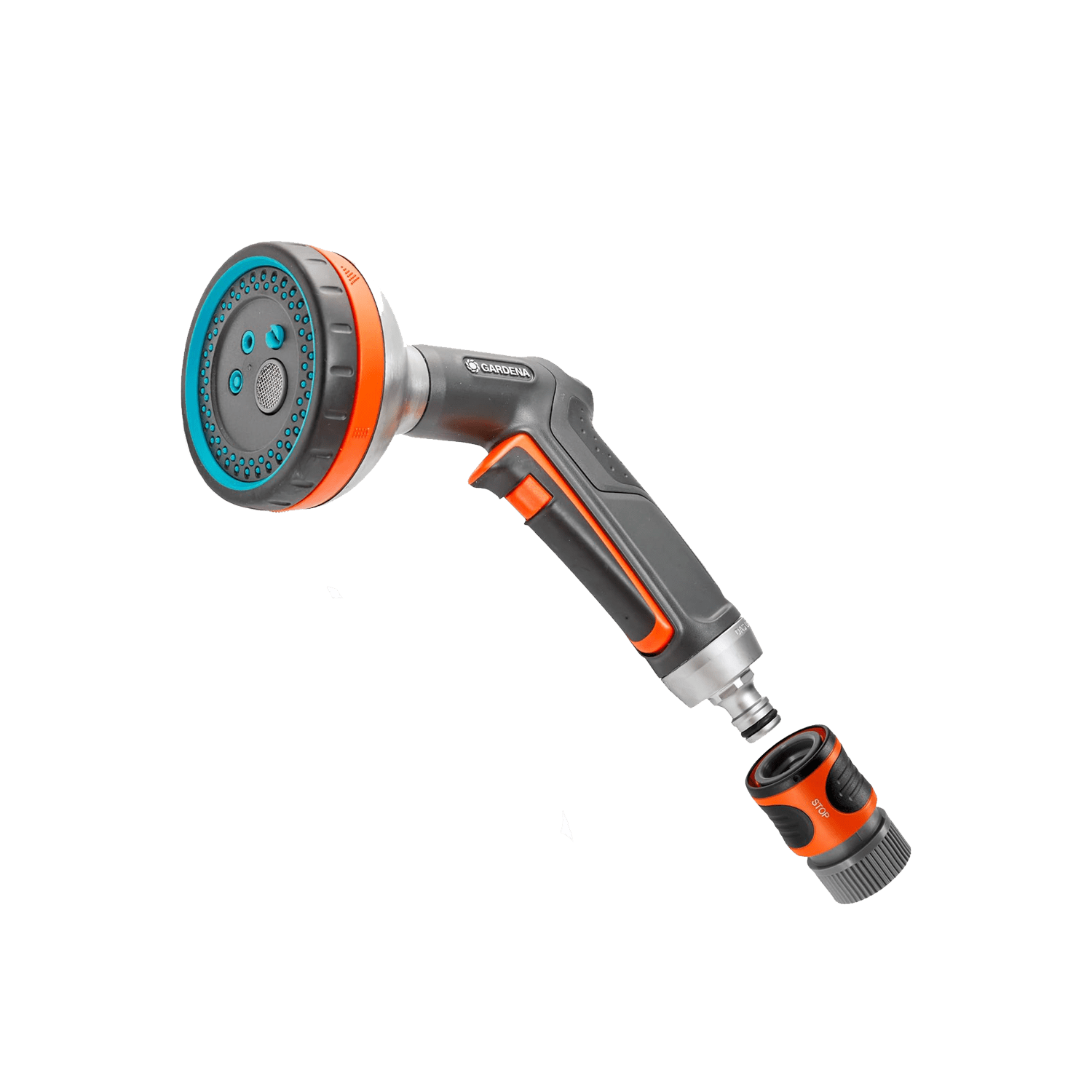 Gardena Premium Multi Sprayer five spray patterns hose nozzle with teal ring and adapter on Tampa Home & Garden Store