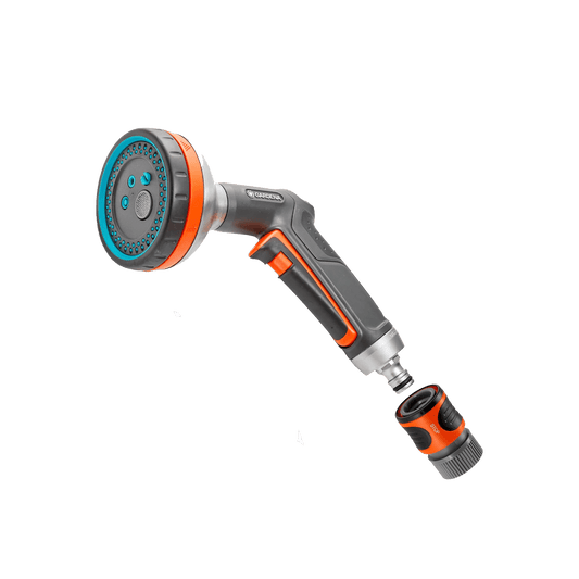 Gardena Premium Multi Sprayer five spray patterns hose nozzle with teal ring and adapter on Tampa Home & Garden Store