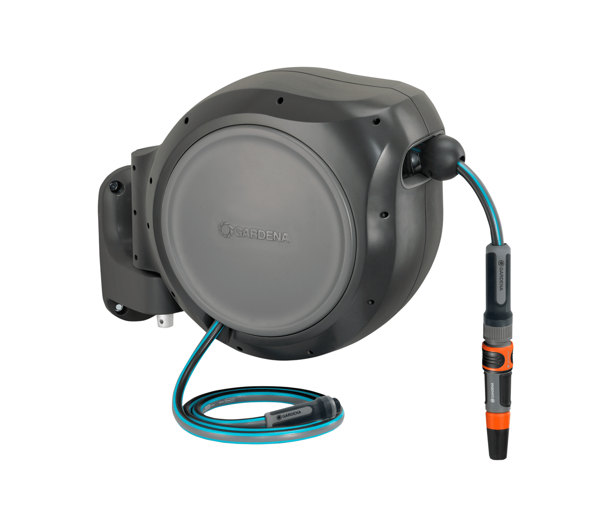 Gardena RollUp 50 ft retractable hose reel gray with blue hose, auto retracting, ready-to-use on Tampa Home & Garden Store