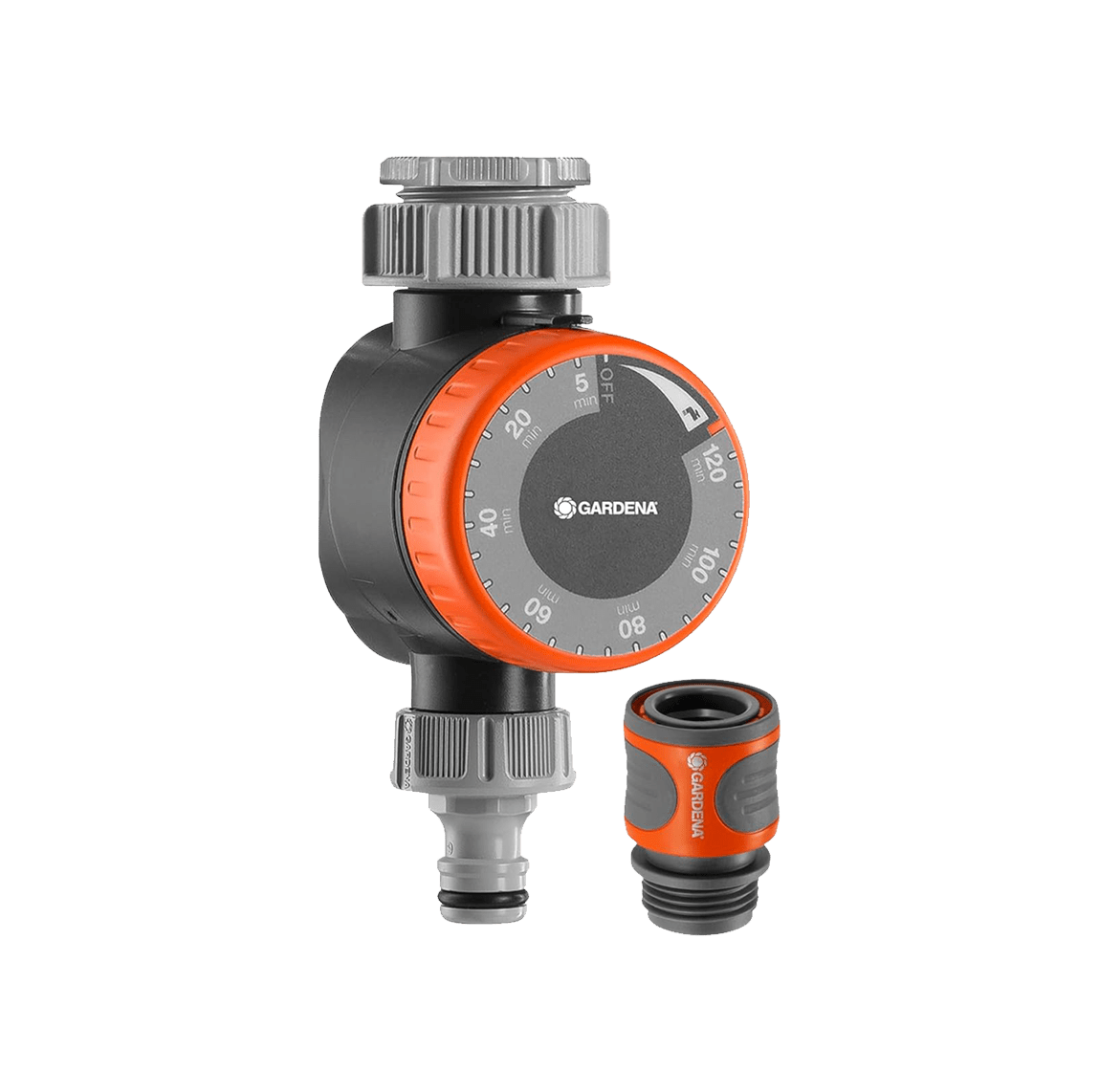 Gardena mechanical water timer with flow control, orange dial, gray body on Tampa Home & Garden Store