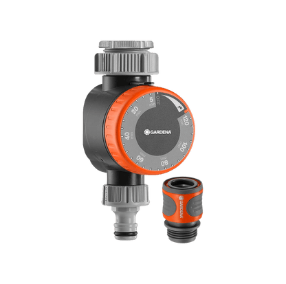 Gardena mechanical water timer with flow control, orange dial, gray body on Tampa Home & Garden Store