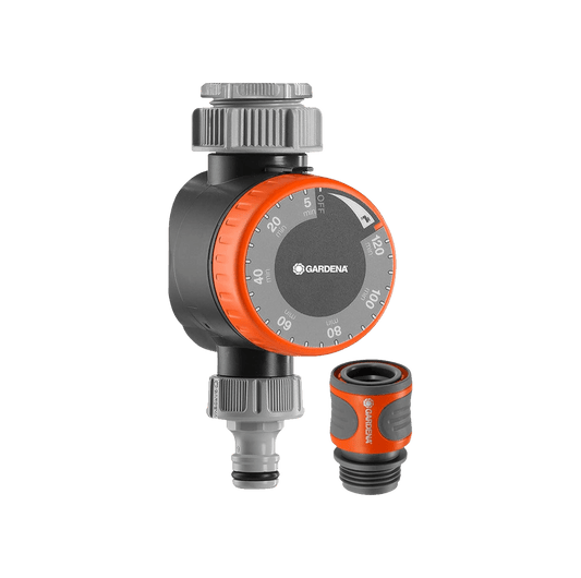 Gardena mechanical water timer with flow control, orange dial, gray body on Tampa Home & Garden Store