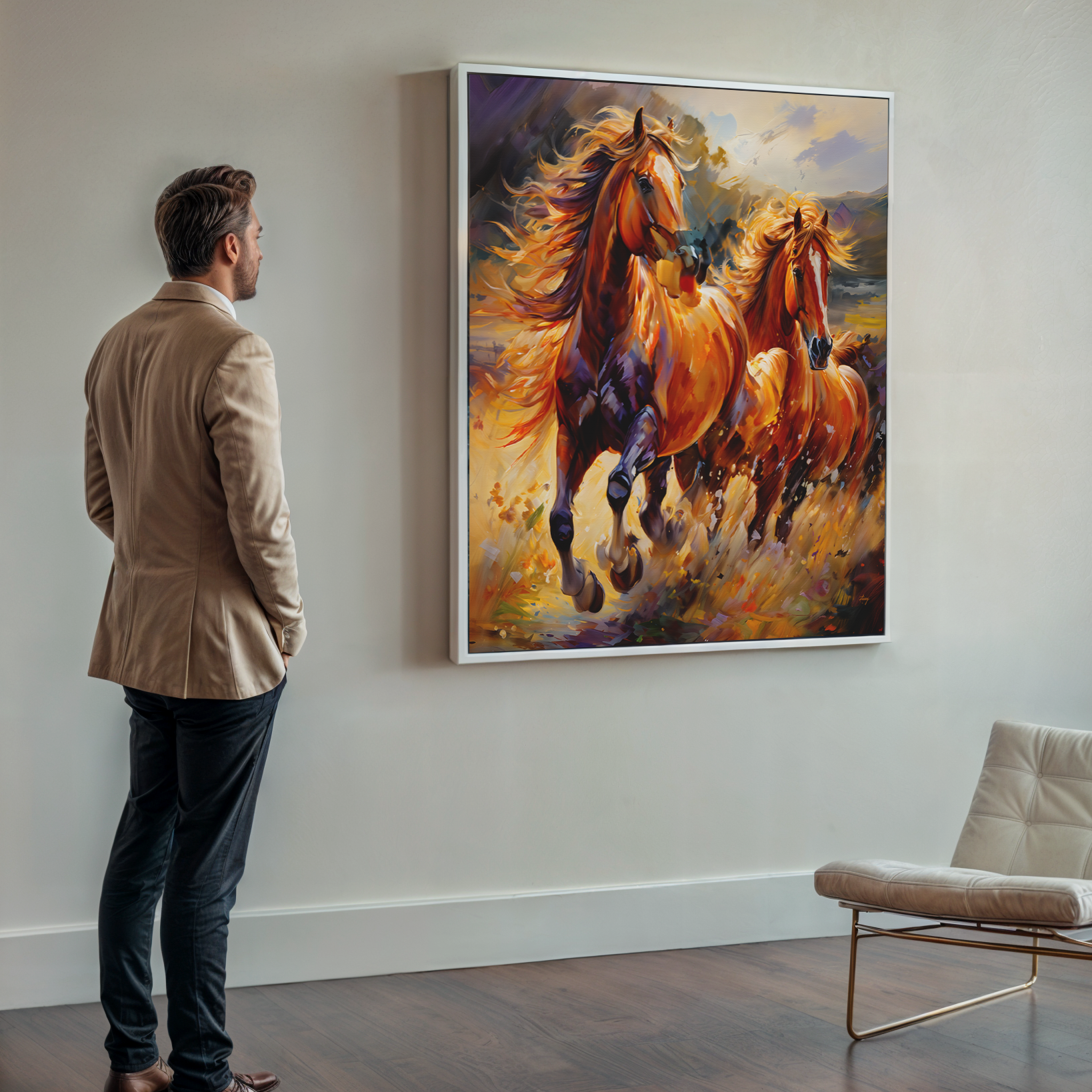 Canvas print Majestic Gallop by Tailored Canvases; two galloping horses in fiery hues on Tampa Home & Garden Store