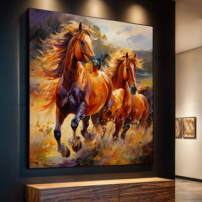 Canvas Print Majestic Gallop by Tailored Canvases, bold orange horses in motion on Tampa Home & Garden Store