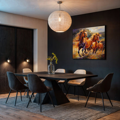 Canvas Print Majestic Gallop by Tailored Canvases featuring vibrant galloping horses on a warm-toned wall on Tampa Home & Garden Store