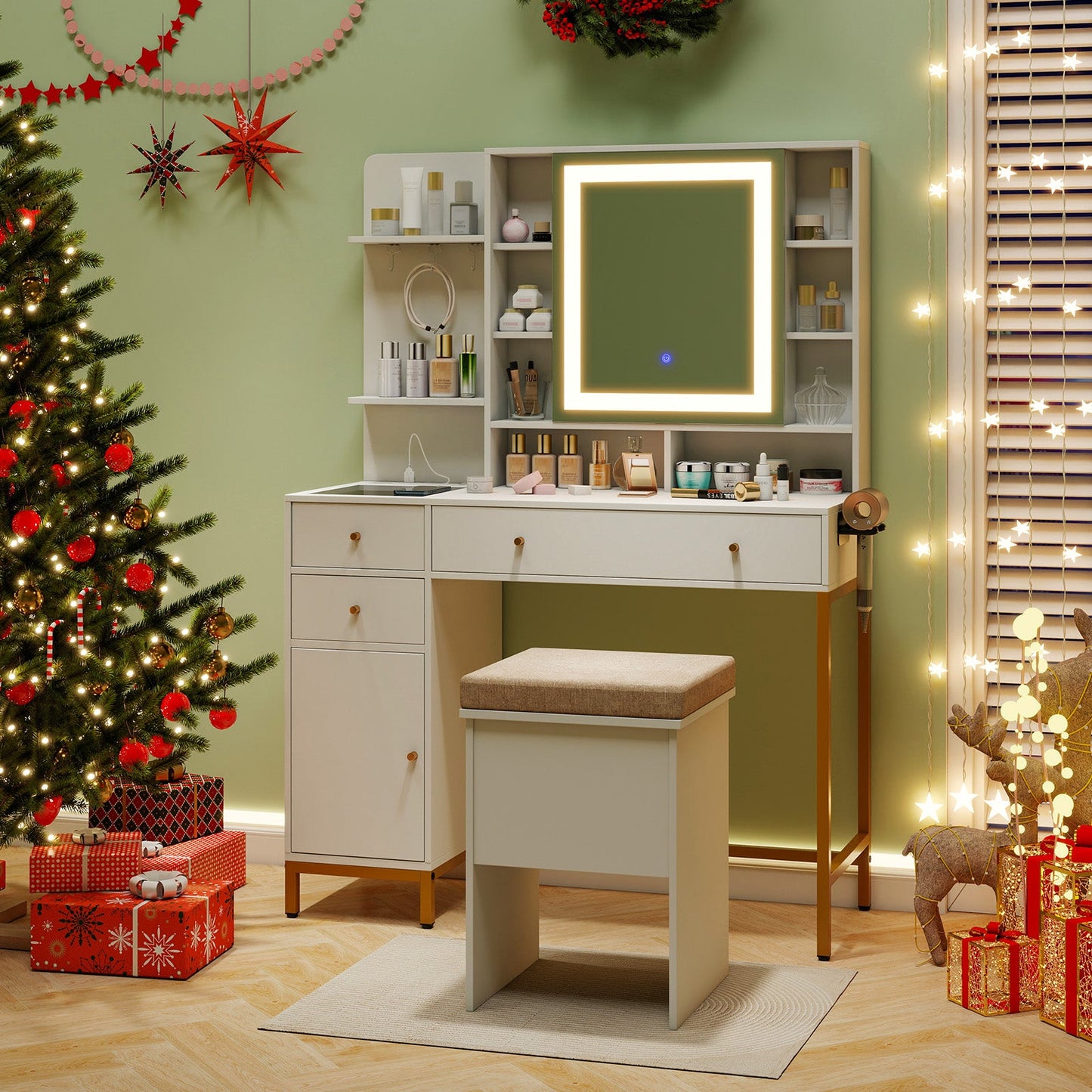 Tocador de maquillaje y taburete con 3 modos de iluminación y armario-Blanco