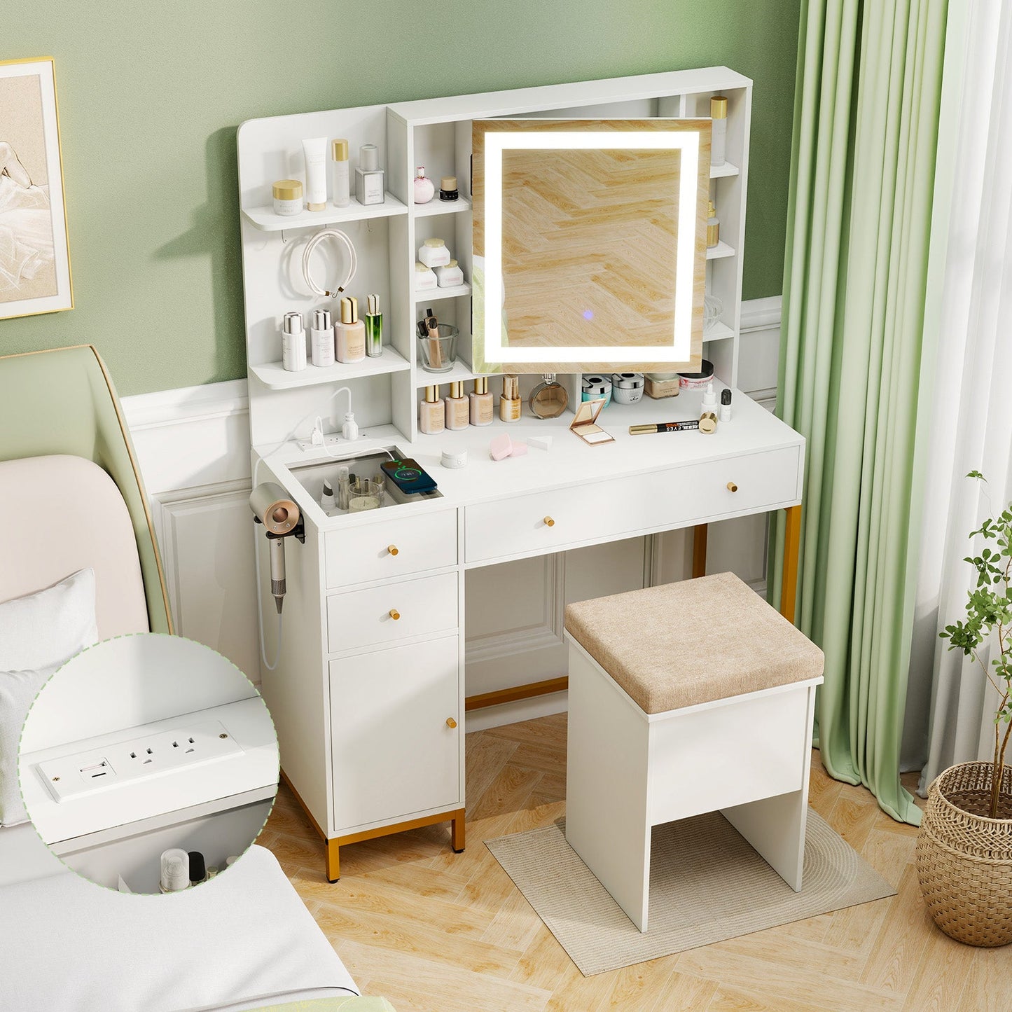 Tocador de maquillaje y taburete con 3 modos de iluminación y armario-Blanco