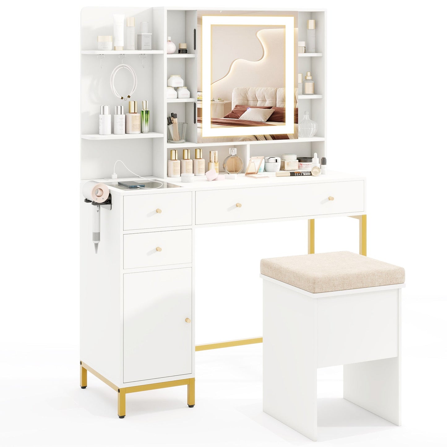 Tocador de maquillaje y taburete con 3 modos de iluminación y armario-Blanco