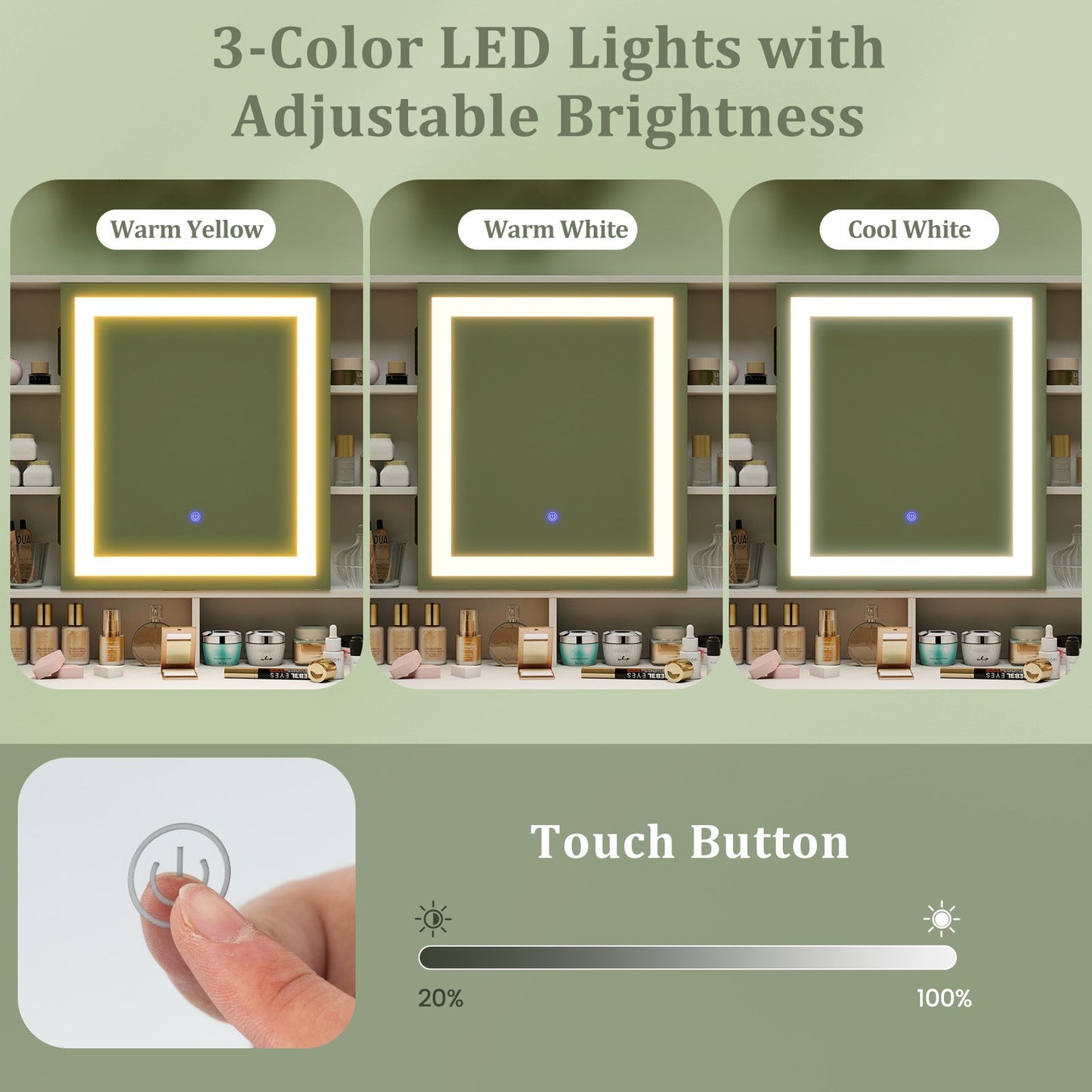 Tocador de maquillaje y taburete con 3 modos de iluminación y armario-Blanco
