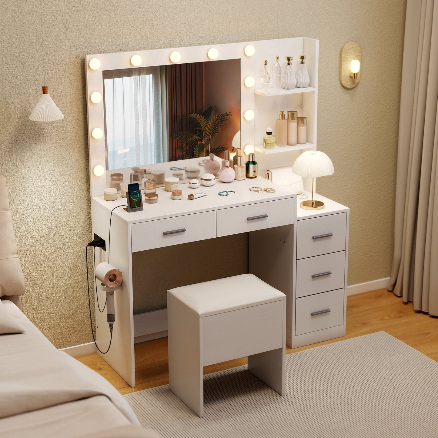 Makeup Table and Stool Set with Hair Dryer Stand-White