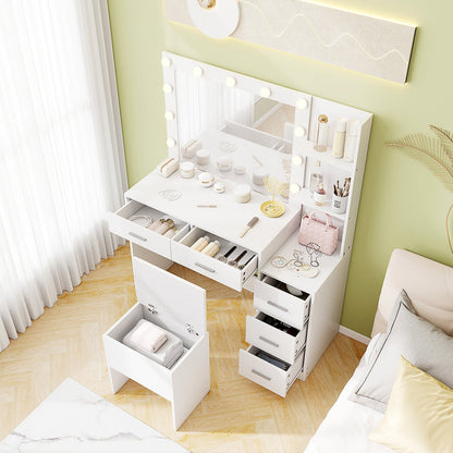 Makeup Table and Stool Set with Hair Dryer Stand-White