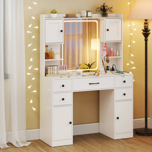 Tocador de Maquillaje con Espejo Iluminado y Estación de Carga - Blanco