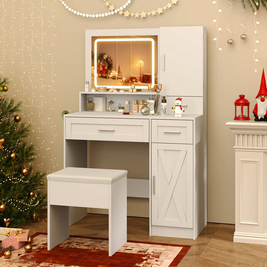 Tocador de Maquillaje con Espejo y Luces, Juego de Mesa y Taburete - Blanco
