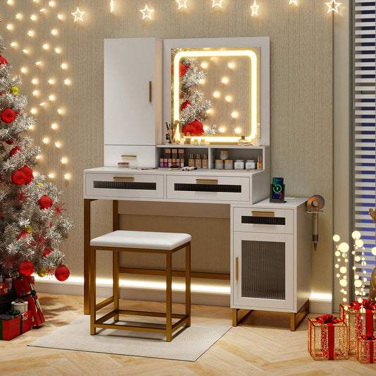 Tocador de Maquillaje y Taburete con Espejo Iluminado - Blanco