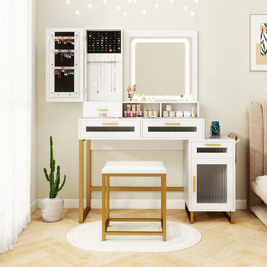 Tocador de Maquillaje y Taburete con Espejo Iluminado - Blanco