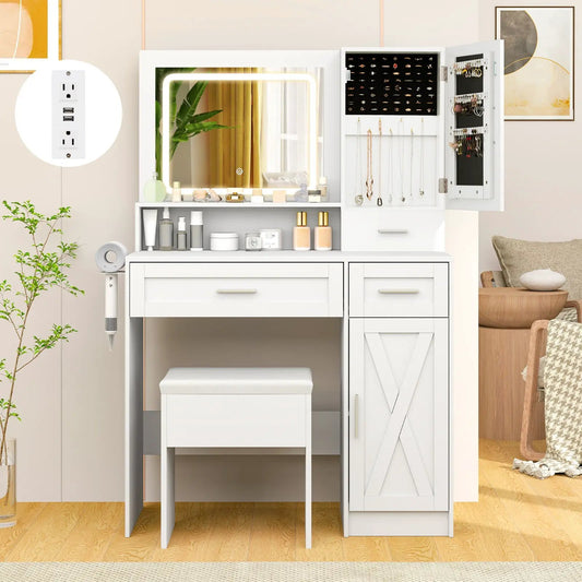 Makeup vanity desk with lighted mirror in white, includes jewelry cabinet and stool on Tampa Home & Garden Store