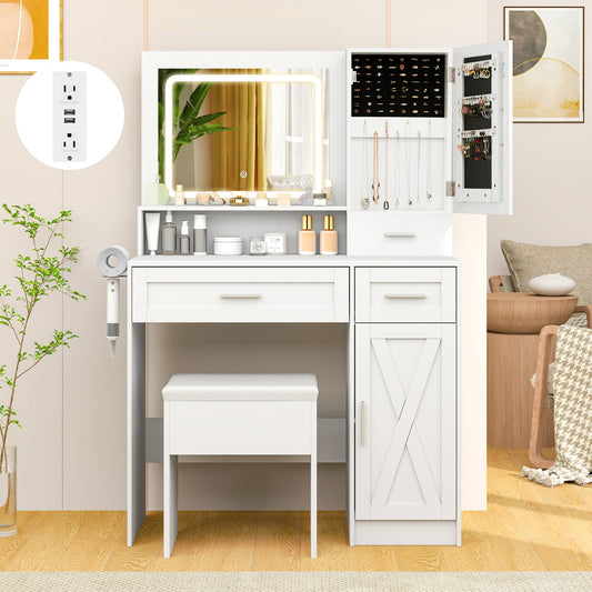 Tocador de Maquillaje con Espejo y Luces, Juego de Mesa y Taburete - Blanco