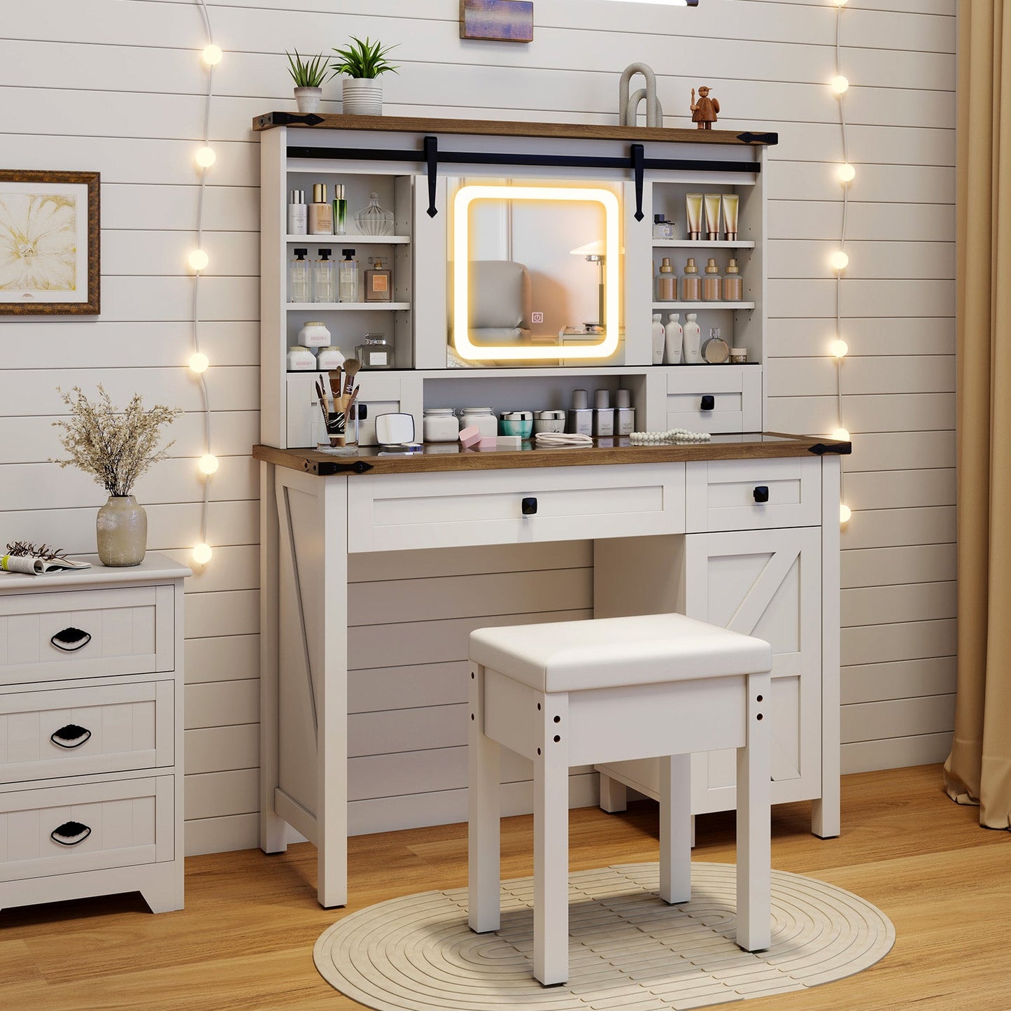 Tocador de maquillaje con espejo y luces LED regulables de 3 colores - Blanco
