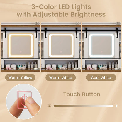 Tocador de maquillaje con espejo y luces LED regulables de 3 colores - Blanco