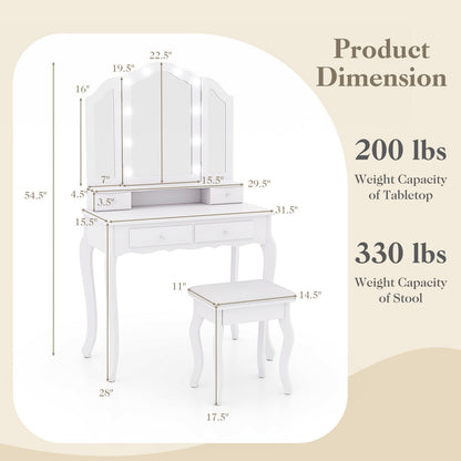 Makeup Vanity Table Set with Lighted Mirror and Drawers