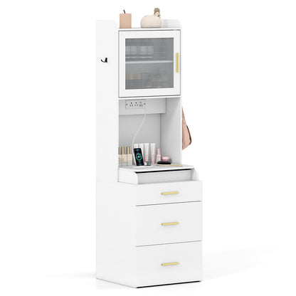 Makeup Vanity with Power Outlets and Flip-top Mirror and Storage Stool-White